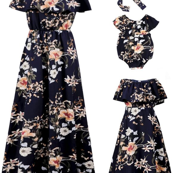 Mommy and Me Floral Chiffon Dresses Short Sleeve Matching Outfits - Picture 1 of 7